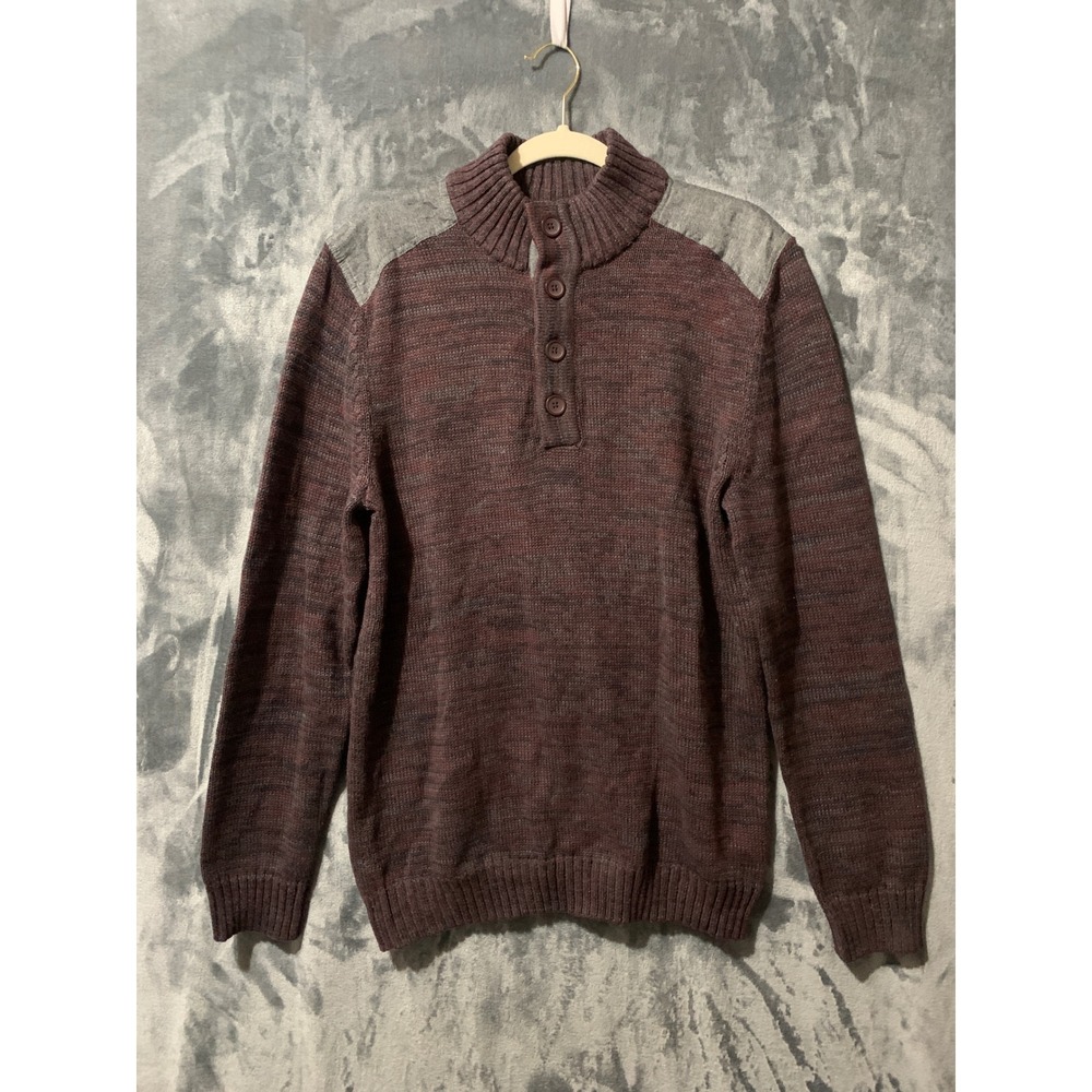 Great Northwest Sweater Mens Large Mock Neck Burgundy Grey Shoulder Patches EUC